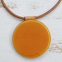 Art glass pendant necklace, 'Round Sun' - Yellow-Orange Round Glass Pendant Necklace from Brazil