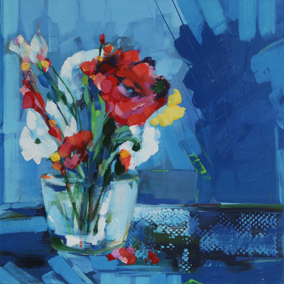 Floral Still Life Painting in Blue from Brazil