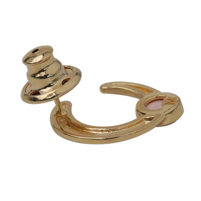 Gold plated rose quartz drop earrings, 'Magnificent Horseshoes' - Gold Plated Curved Rose Quartz and Rhodium Drop Earrings