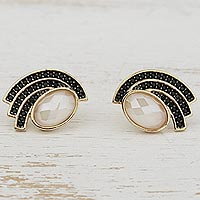 Gold accented quartz drop earrings, 'Dark Curves' - Gold Accented Oval Quartz Drop Earrings from Brazil