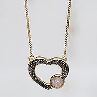 Gold accented drusy agate pendant necklace, 'Gleaming Romance' - Heart-Shaped Gold Accented Agate Quartz Pendant Necklace