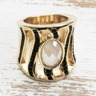 Gold accented quartz band ring, 'Wavy Darkness' - Wavy Gold Accented Quartz Band Ring with Rhodium Accents