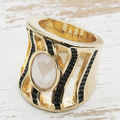 Gold accented quartz band ring, 'Wavy Darkness' - Wavy Gold Accented Quartz Band Ring with Rhodium Accents