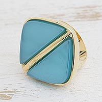 Modern Gold Plated Agate Signet Ring from Brazil,'Contemporary Triangles'