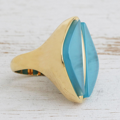 Gold plated agate signet ring, 'Contemporary Triangles' - Modern Gold Plated Agate Signet Ring from Brazil