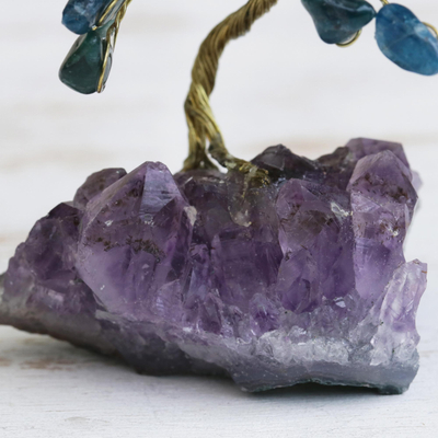 Apatite gemstone tree, 'Oceanic Leaves' - Apatite Gemstone Tree with an Amethyst Base from Brazil