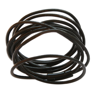 Leather cord bracelet, 'Dark Rivers' - Black Leather Cord Bracelet from Brazil