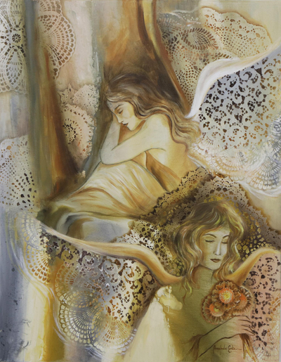 „Der Duft des Engels“. - Signiertes expressionistisches Gemälde von zwei Engeln aus Brasilien