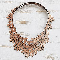 Leaf-Pattern Leather Collar Necklace in Almond from Brazil,'Brazilian Foliage in Almond'