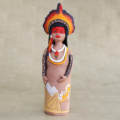 Ceramic figurine, 'Terena Woman with a Crown' - Handcrafted Ceramic Terena Woman from the Brazilian Amazon