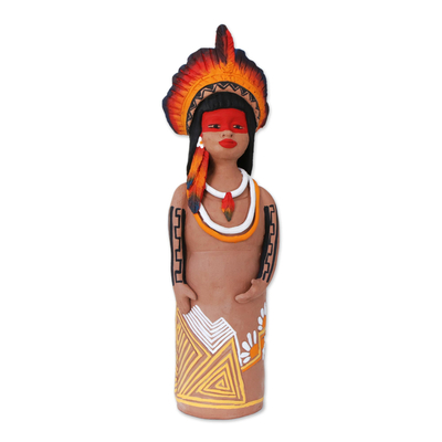 Keramische Figur, 'Terena Frau mit Krone'. - Handgefertigte keramische Terena-Frau aus dem brasilianischen Amazonas