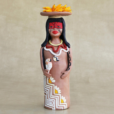 estatuilla de cerámica - Figurilla de mujer terena de cerámica artesanal brasileña