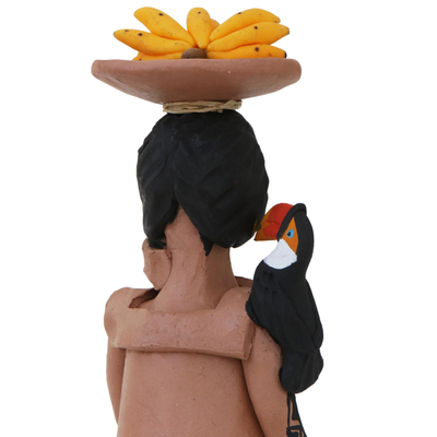Ceramic figurine, 'Terena Woman with Toucan' - Handcrafted Ceramic Figurine of a Brazilian Terena Woman