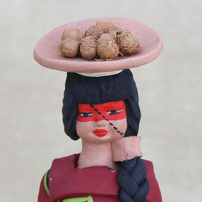 Ceramic figurine, 'Terena Woman with Coconuts' - Brazilian Handcrafted Ceramic Terena Woman from the Amazon