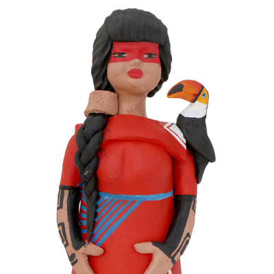 Keramische Figur, 'Terena Frau mit Tukan'. - Keramische Figur einer Terena-Frau mit einem Tukan aus Brasilien
