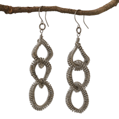 Stainless steel dangle earrings, 'Coiled Loops' - Brazil Artisan Handcrafted Stainless Steel Long Earrings