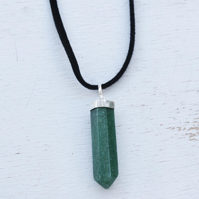 Quartz pendant necklace, 'Powerful Essence in Green' - Green Quartz Obelisk on Adjustable Cord Pendant Necklace