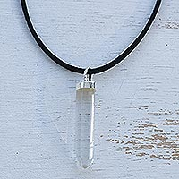 Quartz pendant necklace, 'Powerful Crystalline Essence' - Clear Quartz Obelisk on Adjustable Cord Pendant Necklace