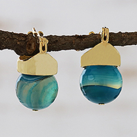 Gold plated agate drop earrings, 'Striped Blue Acorn' - Striped Blue Agate Earrings Bathed in 18k Gold