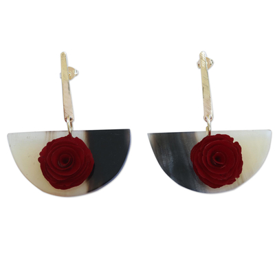 Eucalyptus and ox horn dangle earrings, 'Dramatic Rose' - Handcrafted Red Eucalyptus Rose and Ox Horn Dangle Earrings