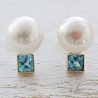 Cultured pearl and aquamarine button earrings, 'Ocean Jewel' - 18k Gold Cultured Mabe Pearl and Aquamarine Drop Earrings