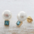 Knopfohrringe aus Zuchtperlen und blauen Topas - Ohrhänger aus 18-karätigem Gold mit kultivierten Mabe-Perlen und blauen Topas