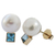 Pendientes botón de perlas cultivadas y topacio azul - Aretes colgantes de topacio azul y perla Mabe cultivada en oro de 18 k