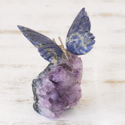Sodalite and amethyst sculpture, Blue Morpho Butterfly