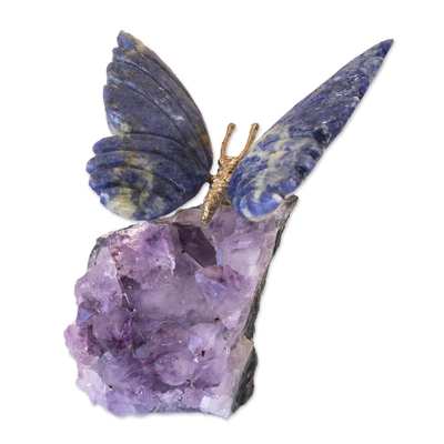 Skulptur aus Sodalith und Amethyst - Zierliche Morpho-Schmetterlingsskulptur aus Sodalith und Amethyst