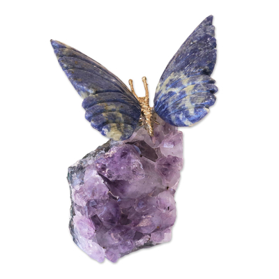 Sodalite and amethyst sculpture, 'Blue Morpho Butterfly' - Petite Sodalite and Amethyst Morpho Butterfly Sculpture