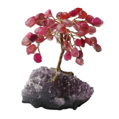 Mini árbol de piedras preciosas de ágata rosa - Escultura de árbol de piedras preciosas brasileñas de ágata y amatista