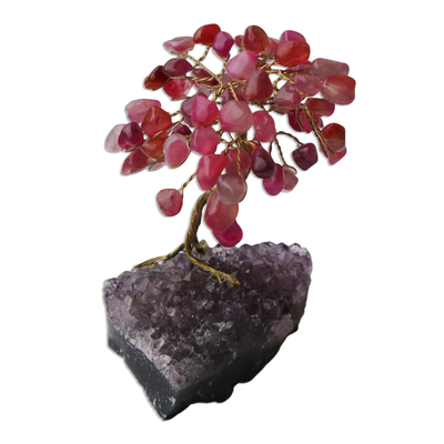 Mini árbol de piedras preciosas de ágata rosa - Escultura de árbol de piedras preciosas brasileñas de ágata y amatista