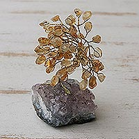 Citrine mini gemstone tree, 'Lemon Leaves' - Citrine and Amethyst Brazilian Mini Gemstone Tree Sculpture