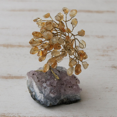 Mini árbol de piedras preciosas de citrino - Mini escultura de árbol de piedras preciosas brasileñas de citrino y amatista