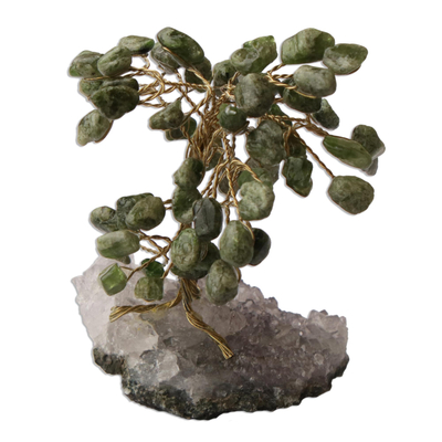 Diopside mini gemstone tree, 'Nature at Peace' - Diopside and Amethyst Brazilian Mini Gemstone Tree Sculpture