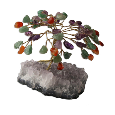 Mini multi-gemstone tree, 'Spring Colors' - Amethyst and Quartz Brazilian Mini Gemstone Tree Sculpture