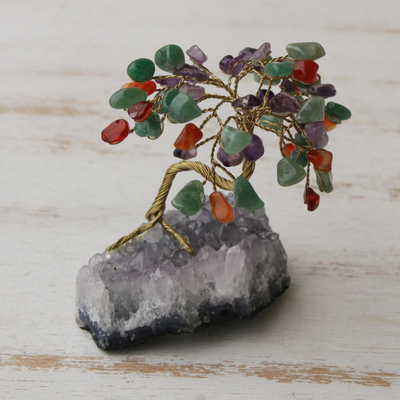 Mini-Baum mit mehreren Edelsteinen - Brasilianische Mini-Edelsteinbaumskulptur aus Amethyst und Quarz