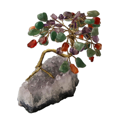 Mini-Baum mit mehreren Edelsteinen - Brasilianische Mini-Edelsteinbaumskulptur aus Amethyst und Quarz