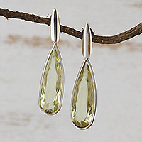 Quartz drop earrings, 'Green Gemstone Mystique' (hooks) - Brazilian Handcrafted Green Quartz Drop Earrings