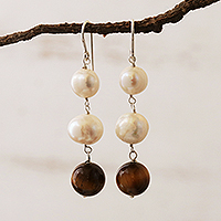 Cultured pearl and carnelian dangle earrings, 'Honey in the Clouds' - White Cultured Pearl and Tiger's Eye Earrings from Brazil