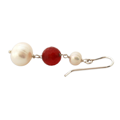 Cultured pearl and carnelian dangle earrings, 'Fire in the Clouds' - White Cultured Pearl and Carnelian Earrings from Brazil
