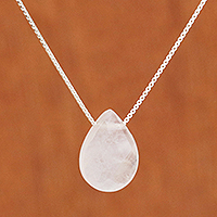 Rose quartz pendant necklace, 'Love Drop' (16 inch) - Contemporary Brazilian Rose Quartz and Silver 16