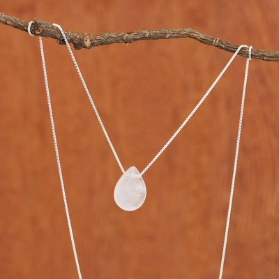 Rose quartz pendant necklace, 'Love Drop' (16 inch) - Contemporary Brazilian Rose Quartz and Silver 16