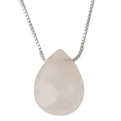 Rose quartz pendant necklace, 'Love Drop' (18 inch) - 18 In Contemporary Brazilian Rose Quartz and Silver Necklace