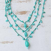 Amazonite and jade pendant necklace, 'Aqua Crochet' - Amazonite and Jade 3 Strand Crochet Necklace from Brazil