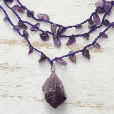 Amethyst pendant necklace, 'Violet Crochet' - Handcrafted Amethyst 3 Strand Crochet Necklace from Brazil