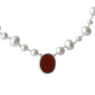 Cultured pearl and carnelian pendant necklace, 'Fire in the Clouds' - White Cultured Pearl and Carnelian Necklace from Brazil