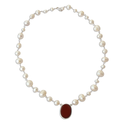 Cultured pearl and carnelian pendant necklace, 'Fire in the Clouds' - White Cultured Pearl and Carnelian Necklace from Brazil