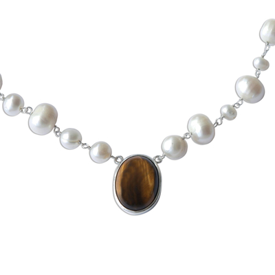 Cultured pearl and tiger's eye pendant necklace, 'Honey in the Clouds' - White Cultured Pearl and Tiger's Eye Necklace from Brazil