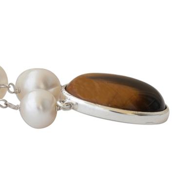 Cultured pearl and tiger's eye pendant necklace, 'Honey in the Clouds' - White Cultured Pearl and Tiger's Eye Necklace from Brazil